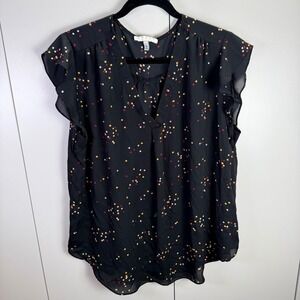 CHAUS New York Womens XL Black Burgandy Polka Dot Flutter Sleeve V Neck Blouse